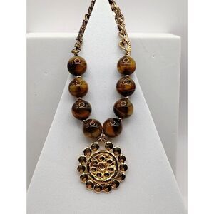 Vintage Bracelet of Natural Woodgrain Jasper Beads on a Gold Tone Chain 8 inch